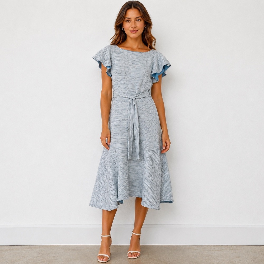 Gal Meets Glam Collection Flutter Sleeve Tweed Midi Dress 0 Blue Preppy Coastal